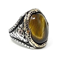 KAR 925 Sterling Silver Filigree Elegant Tiger Eye Stone Men's Ring I2B