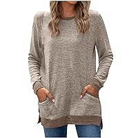 YZHM Fashion Fall Tops for Women Long Sleeve Tunic Tops Loose Fit Crewneck Tshirts with Pockets Trendy Long Tees Basic T Shirts, Long Sleeve Shirts for Women Winter, Casual Tops for Women
