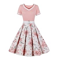 Women 1950s Vintage Short Sleeve V Neck Swing A-Line Dress Floral Print Cocktail Party Evening Prom Rockabilly Gown