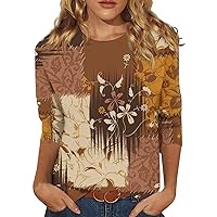 Ladies Tops and Blouses,3/4 Length Sleeve Womens Tops Print Graphic Round Neck Tees Blouses Summer Tops for Women 2024