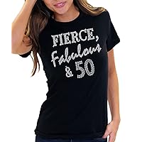 50th Birthday Shirts for Women - Real Crystal Rhinestone Fierce Fabulous & 50 T-Shirt - Birthday Squad Tees
