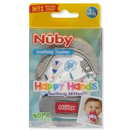 Nuby Soothing Teething Mitten with Hygienic Travel Bag, Grey, 1 Count (Pack of 1)