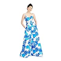 City Studio Womens Blue Floral Spaghetti Strap Full-Length Fit + Flare Formal Dress Size 3
