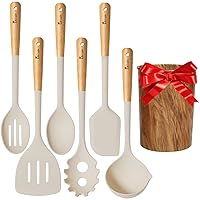 Kikcoin Large Kitchen Utensils Set - 7 PCS Silicone Cooking Utensils Set Heat-resistant 446 °F, Wooden Handle with Plastic Utensil Holder, BPA Free Spatula Ladle Spoons for Non-stick Cookware, Beige