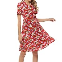 Women's Summer Dress for Beach Casual Fashion Stand Collar Floral Print Short Sleeve Dress