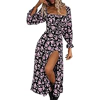 XJYIOEWT Womens Casual Dresses,Women's Casual Square Neck Long Sleeve Split Thigh Dress Boho Floral Print A Line Tie Fro