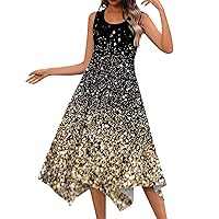 Sundresses for Women 2024,Women's Fashion Round Neck Sleeveless Print Irregular Hem Midi Dress