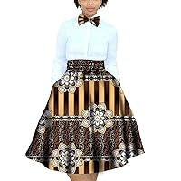 Women's African Print High Waist Traditional Flower A line Skirt with Bow Tie Dashiki Dress