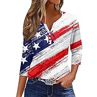 Women's Tops 2024 Summer Casual 3/4 Sleeve 4th of July Shirt American Flag Printed Shirt, Going Out Tops for Women