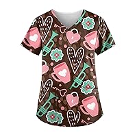 Print Working Uniforms for Women Patterned Mock Neck Short Sleeve T Shirts Vintage Oversized Shirts for Women