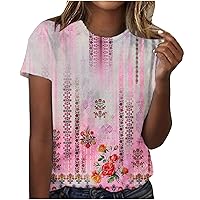 Shirts for Women 2024 Trendy Retro Floral Printed Casual Tops Short Sleeve Dressy Blouse Summer Loose Comfy Crew Neck Tees
