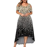 Boho Short Sleeve Wedding Dress Ladies Plus Size Mother's Day Printed Cocktail Women V Neck Cool Polyester Gold XL