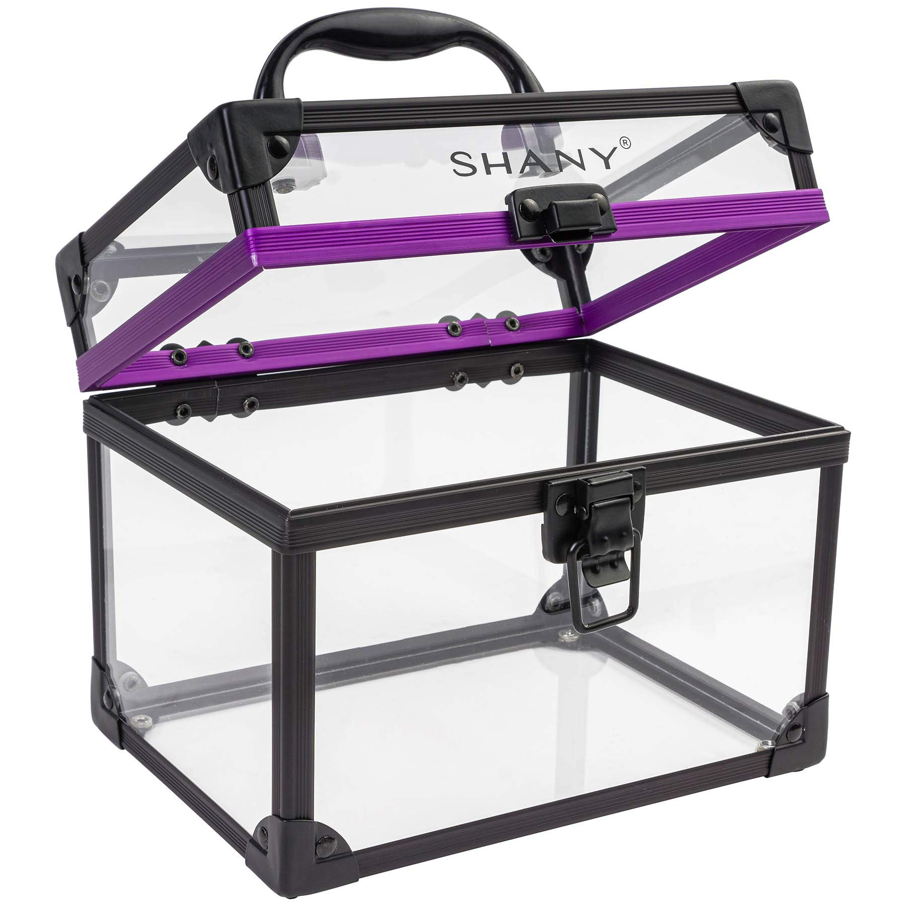 SHANY Clear Cosmetics and Toiletry Train Case - Large-Sized Travel Makeup Organizer with Secure Closure and Black/Purple Accents