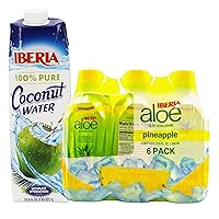 Coconut Water, 33.8 fl oz + Iberia Aloe Vera Juice Drink With Aloe Pulp, Pineapple, 9.5 Fl Oz, Pack of 6