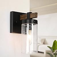 Black Wall Sconces, Farmhouse Faux Wood Wall Light Fixtures with Seeded Glass Shade for Bedroom, Bathroom, Living Room