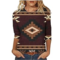 Western Shirts for Women 3/4 Sleeve Aztec Graphic Tops Vintage Ethnic Style Geometric Print Crewneck Blouses Loose Tunic Tees