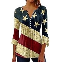 Red and White Striped Shirt Women,4th of July Shirts for Women Independence Day Star Stripes Print Tops Casual Bell 3/4 Sleeve Button V Neck Blouse 3/4 Sleeve T Shirts for Women