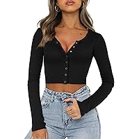 FENSACE Womens Button Down Long Sleeve Crop Top Basic Knit Slim Fit T-Shirt XS-XL