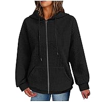 Women's Casual Hoodies Waffle Long Sleeve Drawstring Hoodie Pocket Pullover Top Loose Sweatshirt