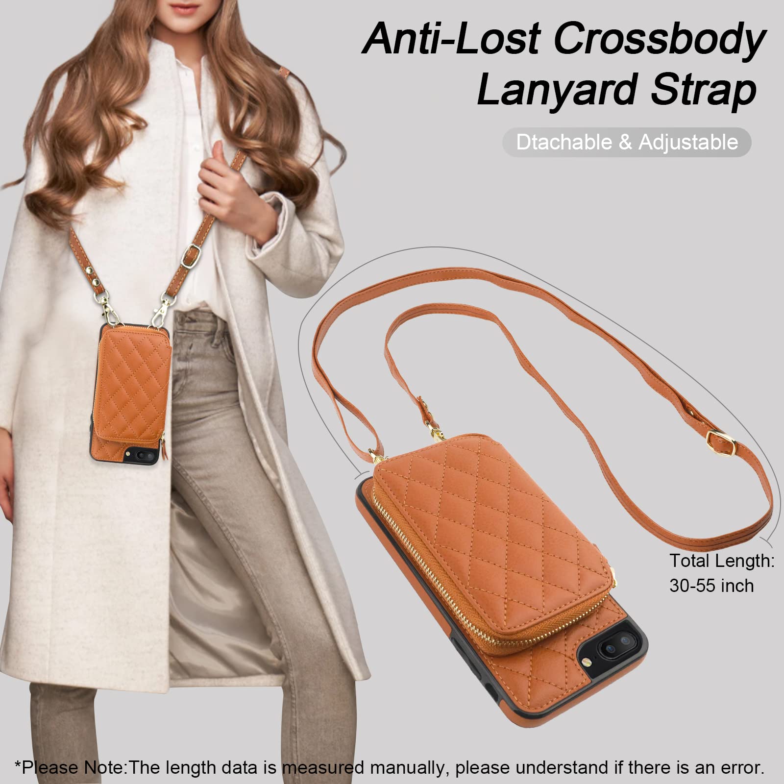 Bocasal Crossbody Wallet Case for iPhone 7/8 Plus, RFID Blocking PU Leather Zipper Handbag Purse Flip Cover, Kickstand Folio Case with Card Slots Holder Wrist Strap Lanyard 5.5 Inch (Brown)