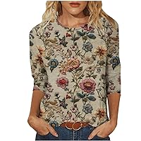 Elbow Length Tops for Women, Womens Floral Print Crew Neck T Shirts 2024 Summer Fashion Casual Loose 3/4 Sleeve Tunic Blouse