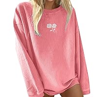 Corduroy Shirt Women Cord Knit Pullover Tops Y2k Graphic Crewneck Sweatshirts Long Sleeve Tops Oversized Preppy Sweatshirt