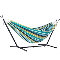 Vivere Double Cotton Hammock with Space Saving Steel Stand, Cayo Reef (450 lb Capacity - Premium Carry Bag Included)