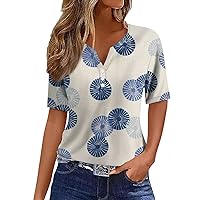 Spring Tops for Women 2024 T Shirt Tee Print Button Short Sleeve Daily Weekend Fashion Basic V- Neck Regular Top