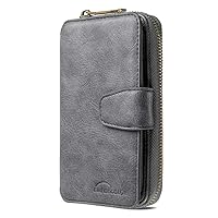 Zipper Wallet Folio Case for Huawei Y6 P, Premium PU Leather Slim Fit Cover for Huawei Y6 P, 9 Card Slots, 2 Transparent Photo Frame Slots, Scratch-Proof, Gray