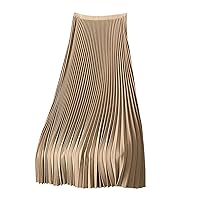 Womens Pleated Midi Skirt, Women's High Waist Swing Boho Pleated Skirt Solid Color Beach Casual Elastic A-Line Long Skirts
