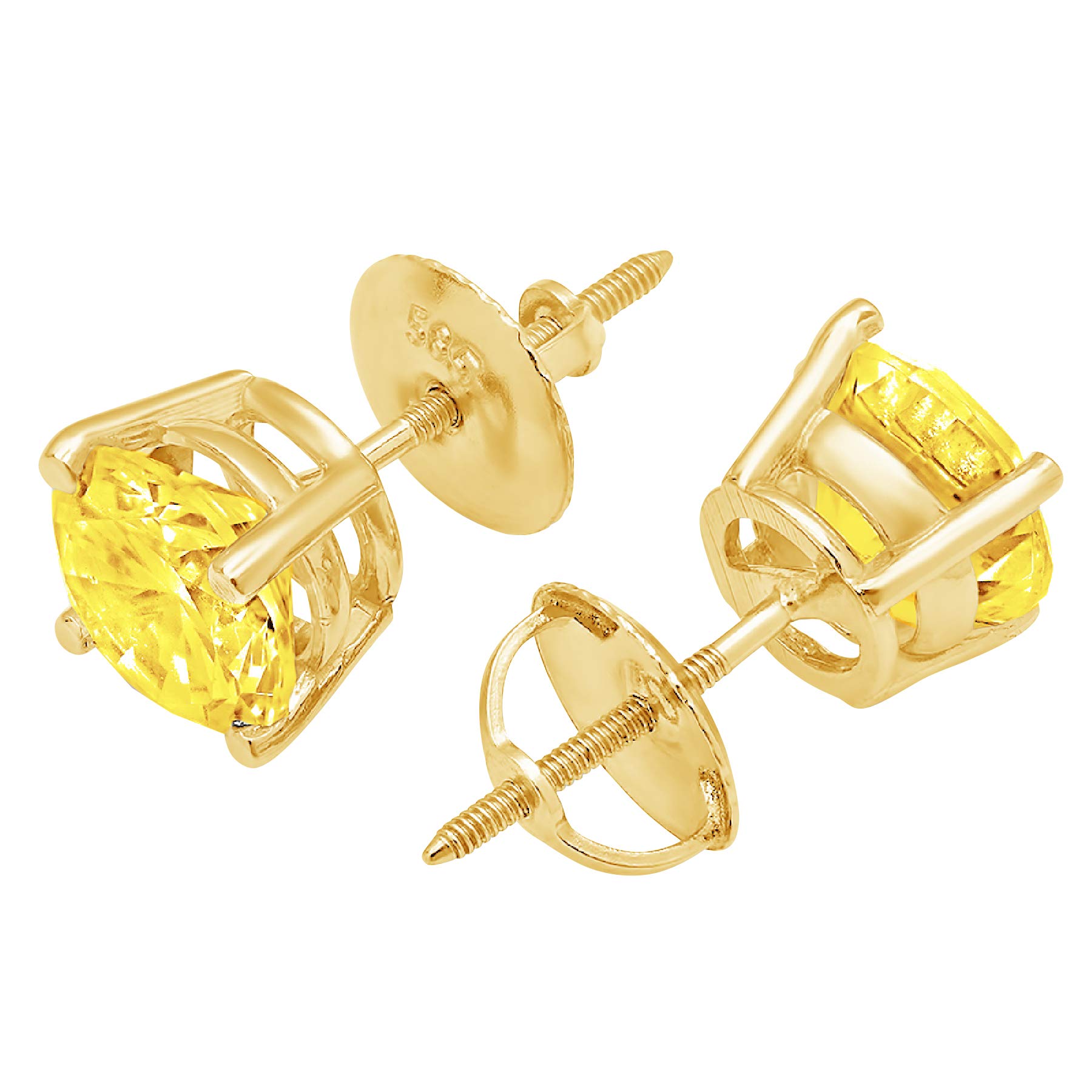 4.0 ct Round Cut ideal VVS1 Conflict Free Gemstone Solitaire Canary Yellow CZ Classic Designer Stud Earrings Solid 14k Yellow Gold Screw Back