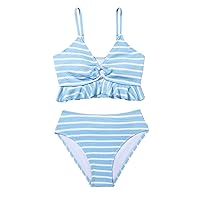 SweatyRocks Girl's 2 Piece Swimsuit Set Striped Ruffle Hem High Waist Bikini Set Swimwear