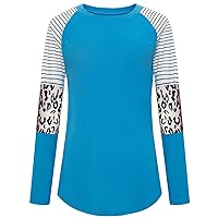 Andongnywell Women's Casual Color Block Tunic Tops Blouse Ladies Leopard Print Round Neck Long Sleeve T-Shirt (Sky Blue,Small)