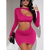 Women Dresses Solid Cut Out Bodycon Dress (Color : Hot Pink, Size : X-Small)