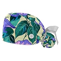 2 Pack Surgical Cap with Button Sweatband, Irises Floral at Night Working Cap Ponytail Holder for Women Long Hair