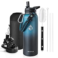 Insulated Water Bottle 40 oz, Triple Wall Vacuum Stainless Steel (Cold for 48 Hrs), Leak Proof & BPA-Free, Modern Water Flask Jug with Paracord Handle & Straw Spout Lids, Indigo/Black