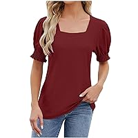 Short Sleeve Tops for Women Trendy Summer Blouses Dressy Casual Square Neck Puff Sleeve Eyelet T Shirts Tee with Smocked Cuff