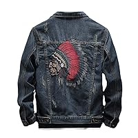 Streetwear Men Jacket Retro Blue Indian Chief Embroidery Denim Jackets Men Hip Hop Punk Coats blue M