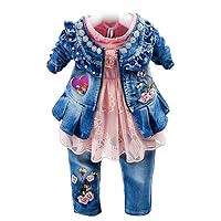 Peacolate Spring Autumn Baby Girls Clothing Set 3pcs Long Sleeve T-Shirt Denim Jacket and Jeans