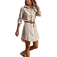 Striped Beige Women's Dress - Classic Shirt Collar, Long Sleeves with Special Fabric for Chic and Modern Look