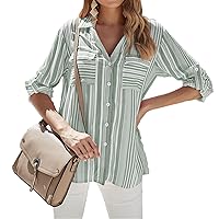 Women's Fashion Long Sleeve Striped Shirt V Neck Striped Roll Sleeve Shirts Striped Button Loose Fit Casual Shirts