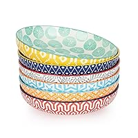 KitchenTour Large Pasta Bowls 34 oz, Ceramic Salad Serving Bowls Set of 6, 8.6 Inch Wide and Shallow Bowl Soup Bowl- Dishwasher and Microwave Safe, Assorted Colors