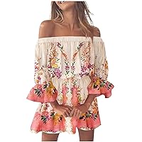 Women's Summer Dresses 2024 Beach Sexy Off Shoulder Tunic Sundresses Casual Loose Fit Bell Sleeve Mini Floral