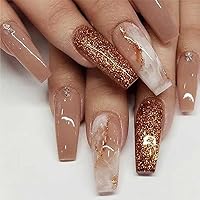Glitter Marble Press on Nails Long - Long Square Press on Nails,Coffin Nails Glossy Shiny Fake Nails with Rhinestones Design Reusable Stick on Nails Natural Artificial Nails Glue on Nails for Women