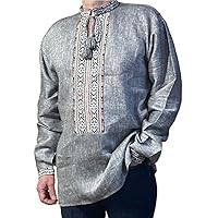 Rushnichok Vyshyvanka Men Ukraine Embroidery Shirt Gray Orange Linen Size Large