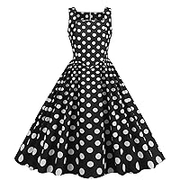 Wellwits Women's Square Neck Wide Strap Pleated Polka Dots 50s Vintage Dress