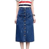 Women's Button Front A-line Flared Long Denim Jean Skirts