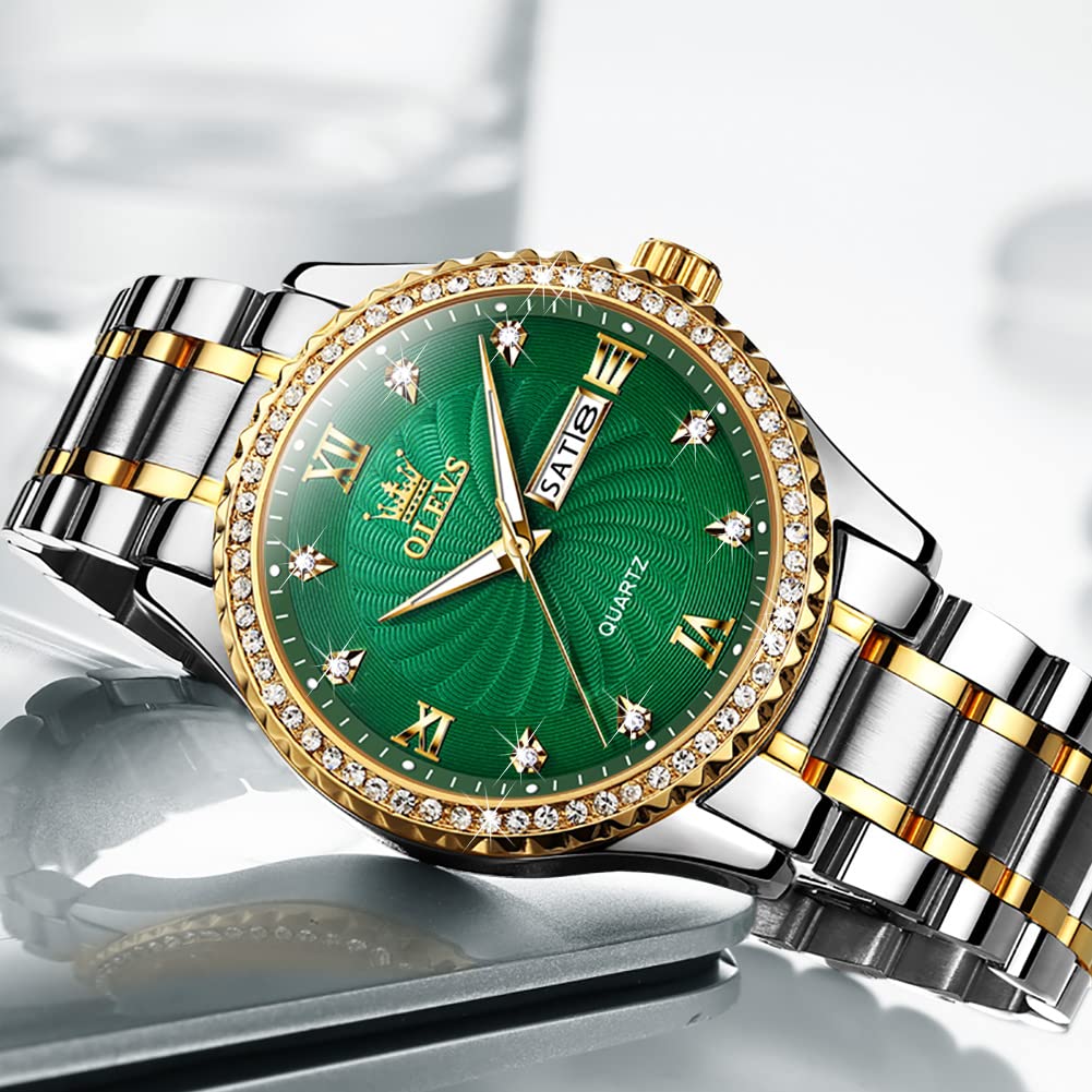 OLEVS Herrenuhren Goldene Luxus Diamant Uhr Männer mit Wochentag Datum Wasserdicht Leuchtende Klassische Armbanduhr Geschenk