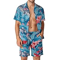 Colorful Carp Fish Japanese Men's Hawaiian Two Piece Outfits Short Sleeve Button Down Shirts And Shorts Suits