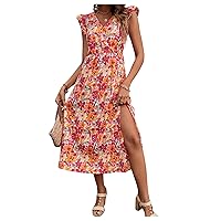 MakeMeChic Women's Floral V Neck Summer Dress Ruffle Cap Sleeve High Split A Line Flowy Midi Dress